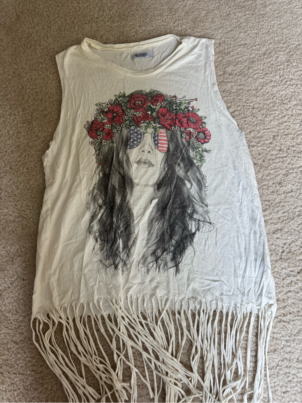 Lauren Moshi White Fringe Tank with Red Floral Crown and Flag Sunglasses